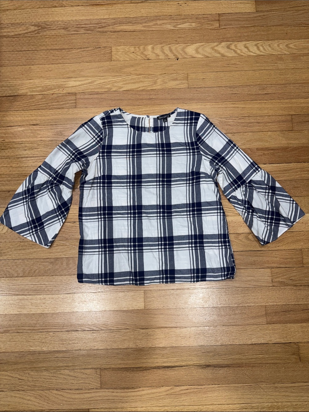 J. Crew White and Navy Plaid Bell-Sleeve Blouse
